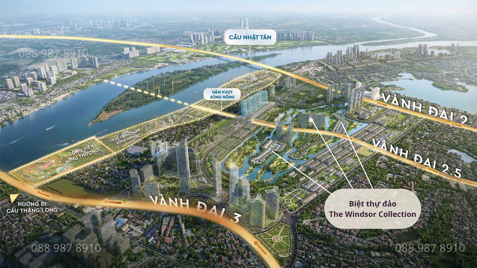 Bản đồ tầm nhìn quy hoạch "thành phố ven sông" trục Sông Hồng, minh họa rõ nét vị trí dự án biệt thự đảo The Windsor Collection hưởng lợi trực tiếp từ các siêu hạ tầng tương lai như: Hầm vượt sông Hồng, Trục cảnh quan sông Hồng, Cầu Nhật Tân và hệ thống Vành đai 2, 2.5, 3.