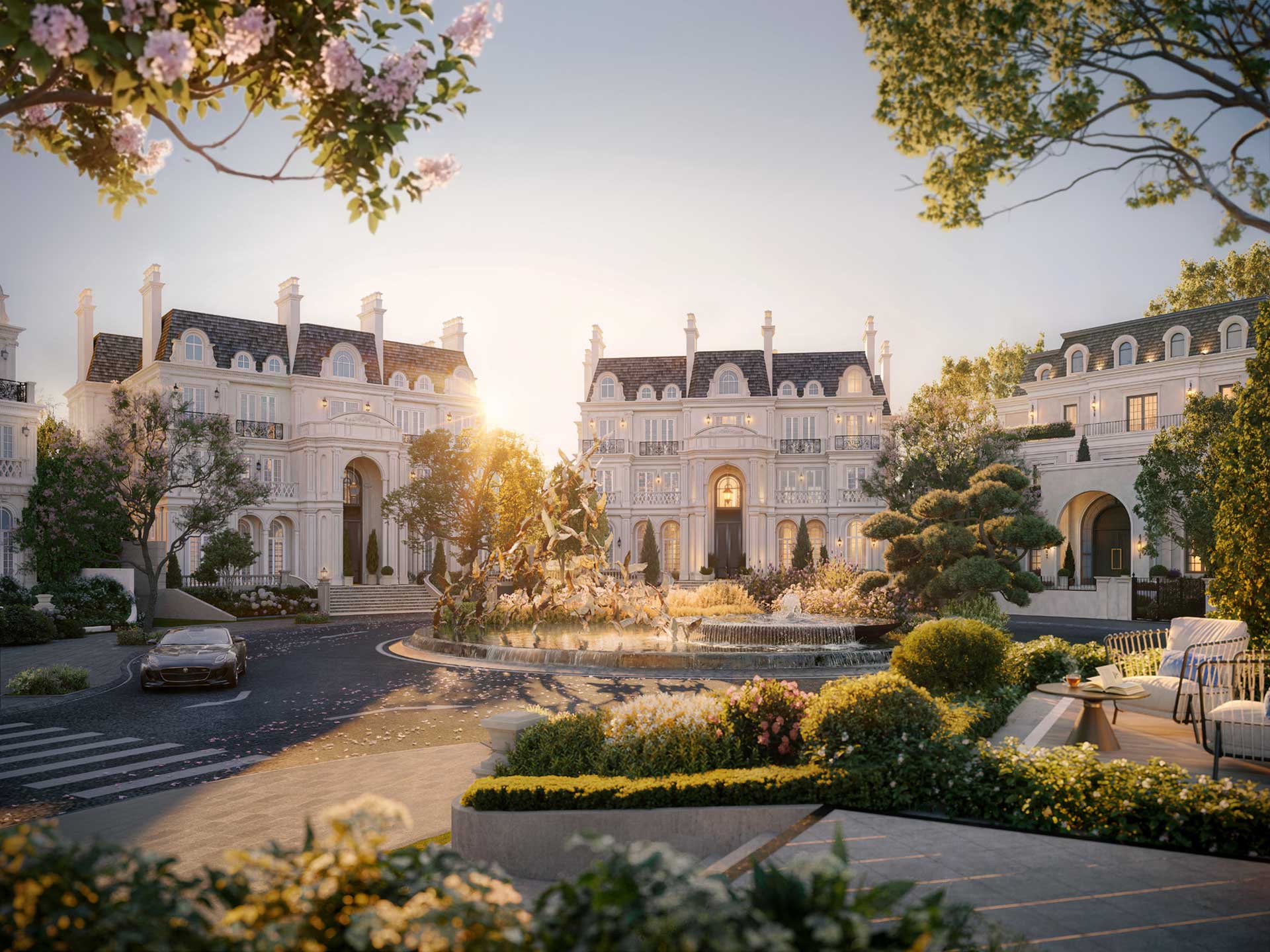Phối cảnh mặt ngoài tuyệt đẹp của dãy biệt thự The Windsor Collection mang đậm dấu ấn kiến trúc Victoria Anh Quốc. Nổi bật với đài phun nước nghệ thuật, mái Mansard vương giả và cảnh quan sinh thái đẳng cấp do 1508 London thiết kế.